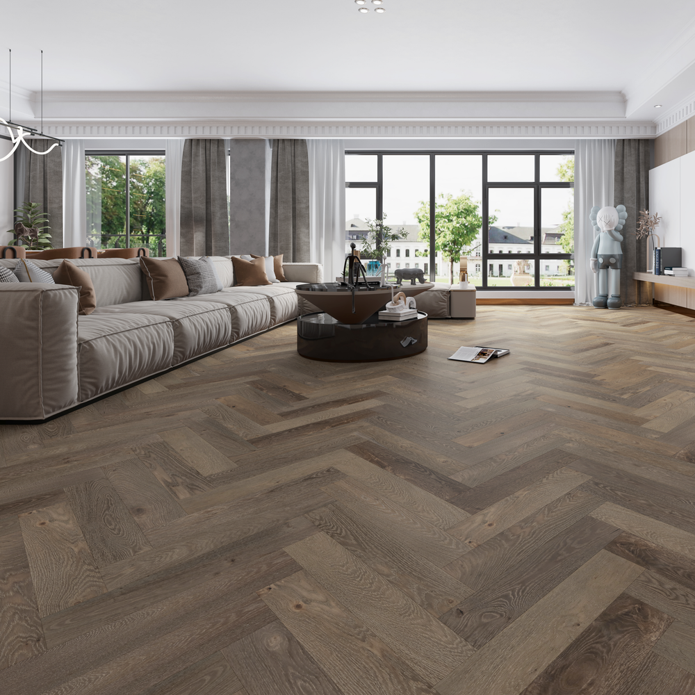 Chêne Blanc Bespoke Salon Lake Promenade Chevron / White Oak Bespoke Lake Promenade Herringbone Living room